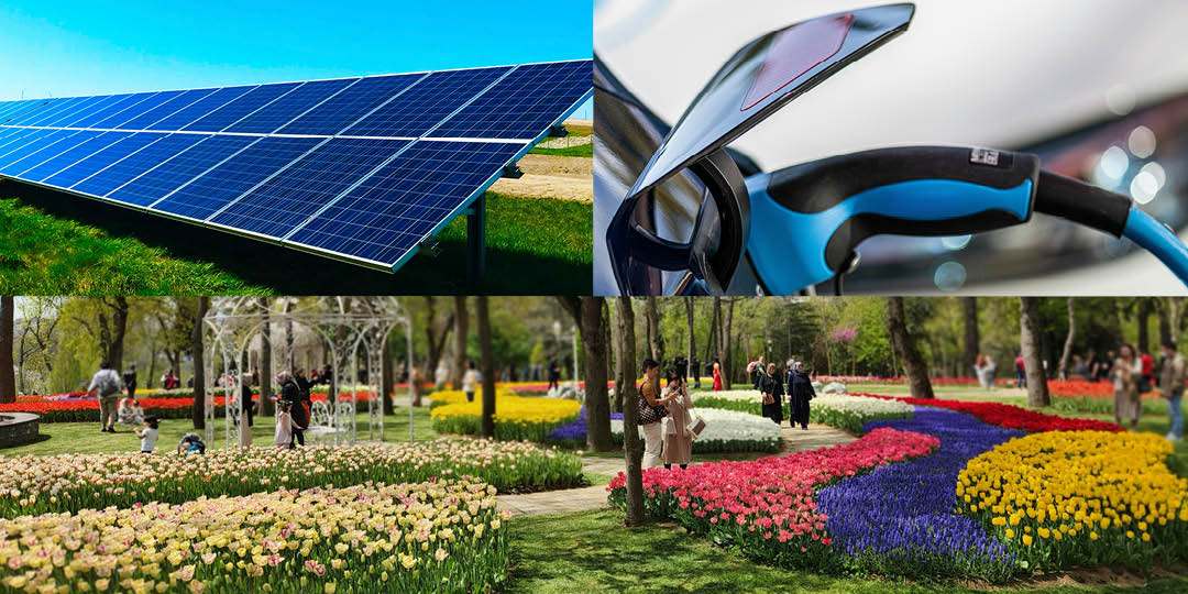 temaomraden-1080x540b collage solar cells, electric car charging and public park with visitors